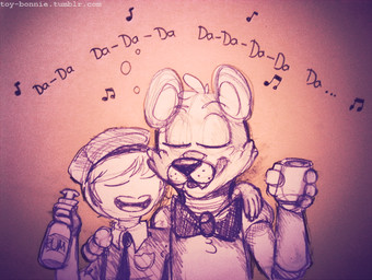 alcohol badge beer beverage big_ears black_nose bottle bow_(feature) bow_tie chest_tuft clothing collar container drunk duo eyes_closed fluffy fluffy_hair fur glass hair hand_on_shoulder happy hat headgear headwear machine necktie nude open_mouth rum singing smile substance_intoxication top_hat tuft toy-bonnie five_nights_at_freddy's scottgames freddy_(fnaf) mike_schmidt animatronic bear human mammal robot purple_theme