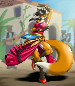 anthro black_hair black_nose breasts clothed clothed_anthro clothed_female clothing dancing dress eyes_closed female flamenco fur hair long_tail orange_body orange_fur red_clothing red_dress solo tail white_body white_fur angrycontra canid canine fox mammal red_fox true_fox 2025 hi_res signature