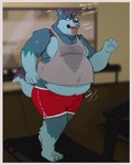 anthro athletic_wear belly belly_overhang big_belly bodily_fluids bottomwear breath clothed clothing dialogue exercise fit_to_fat fur grey_clothing grey_shirt grey_tank_top grey_topwear gym gym_bottomwear gym_shorts male navel obese obese_anthro obese_male open_mouth overweight overweight_anthro overweight_male panting shirt shorts solo sweat sweatdrop tail tank_top text tongue tongue_out topwear treadmill weight_gain workout tcw yukon canid canine canis mammal wolf absurd_res english_text hi_res