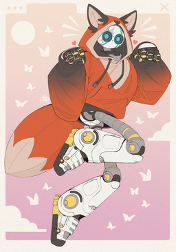 4_fingers clothing fingers front_view hoodie jacket machine pose red_clothing red_hoodie red_topwear robotic robotic_arm solo tail three-quarter_view topwear auveiss roz_(the_wild_robot) robot 2025 absurd_res digital_media_(artwork) hi_res