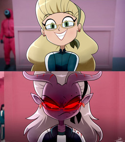 accessory before_and_after blonde_hair blood blood_splatter bodily_fluids broken_glasses ear_piercing eyewear female frown glasses green_eyes hair hair_accessory hair_tie happy horn humanoid_pointy_ears long_hair not_furry piercing pointy_ears purple_body purple_skin red_sclera screencap screencap_background smile solo wearing_glasses white_hair the-butcher-x hellaverse helluva_boss seong_gi-hun's_before_and_after squid_game mrs._mayberry_(helluva_boss) seong_gi-hun demon demon_humanoid horned_humanoid human humanoid mammal sinner_demon 2koma absurd_res bust_portrait comic digital_media_(artwork) english_description hi_res meme portrait