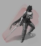 anthro armor blood bodily_fluids damaged_armor damaged_clothing male melee_weapon simple_background solo sword weapon wounded revertigo elden_ring fromsoftware accipitriform avian bird vulture absurd_res hi_res monochrome