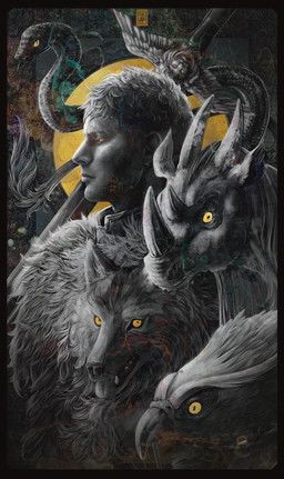 abstract_background ambiguous_gender beak detailed_background feathers feral forked_tongue fur group hair horn male melee_weapon pupils scales slit_pupils snout sword tail tongue weapon yellow_eyes kingcael delicious_in_dungeon kensuke_(delicious_in_dungeon) laios_touden animate_inanimate chimera human living_melee_weapon living_sword living_weapon mammal english_description hi_res restricted_palette