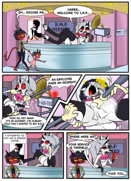 anthro baby_wipes bib clothed clothing diaper diaper_change electronics female group horn humiliation humor machine nursery phone powder profanity red_body red_sclera robotic_arm tail text touching_pussy trio wearing_diaper white_eyes wipes wiping wiping_another wiping_butt working yellow_sclera lev0on hellaverse helluva_boss mythology loona_(helluva_boss) canid canid_demon canine canis demon hellhound humanoid imp mammal mythological_canine mythological_creature robot wolf absurd_res comic english_text hi_res