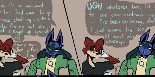 anthro bros_being_bros chest_spike clothed clothed_anthro clothed_male clothing dialogue duo eyewear glasses green_eyes hand_behind_head male nerd round_glasses speech_bubble spikes spikes_(anatomy) text wearing_glasses uromatsu nintendo pokemon canid generation_4_pokemon generation_5_pokemon lucario mammal pokemon_(species) rodent watchog english_text hi_res