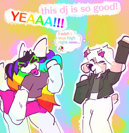 alternative_fashion anthro dancing dialogue duo female hair multicolored_hair rainbow_hair scene_(fashion) text thought_bubble catjamn xcite_(catjamn) yan_(character) canid canine deer mammal 2025 english_text sketch