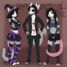 anthro black_body black_fur clothing female footwear fur grey_body grey_fur group male pink_body pink_nose socks trio white_body white_fur allartskye evelyne_(allartskye) kia_(allartskye) skye_(allartskye) american_opossum canid canine canis domestic_cat felid feline felis mammal marsupial wolf 1:1 hi_res
