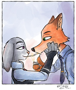anthro bedroom_eyes cigarette cigarette_in_mouth clothing duo female indirect_kiss male male/female narrowed_eyes object_in_mouth police police_uniform romantic romantic_couple seductive uniform zippo_lighter mr.foxman disney zootopia judy_hopps nick_wilde canid canine fox lagomorph leporid mammal rabbit absurd_res hi_res