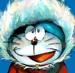 anthro bell blue_background blue_body blue_fur clothed clothing fur looking_at_viewer machine male open_mouth red_nose simple_background solo tongue whiskers white_body white_fur winter_clothing mt_tg doraemon doraemon_(character) domestic_cat felid feline felis mammal robot 2017 shaded