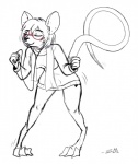 anthro bottomwear buckteeth clothed clothing dancing digitigrade dipstick_tail earbuds electronics eyes_closed eyewear female glasses hair happy headphones markings multicolored_tail portable_music_player scarf short_hair simple_background skirt smile solo sweater tail tail_markings teeth topwear white_background unknown_artist cassie_gliese mammal mouse murid murine rodent digital_media_(artwork) sketch