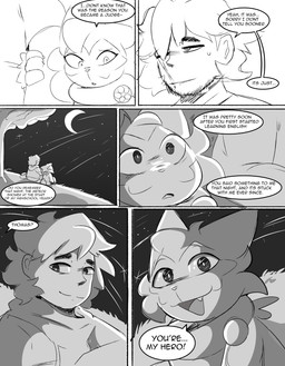 anthro bodily_fluids dialogue duo facial_scar female happy holding_arm looking_at_another male meteor_shower moon nature night outside plant scar smile star sweat sweatdrop talking_to_another text tree spicykiwi nintendo pokemon thomas_(spicykiwi) tulip_(spicykiwi) floragato generation_9_pokemon human mammal pokemon_(species) absurd_res comic english_text hi_res monochrome story