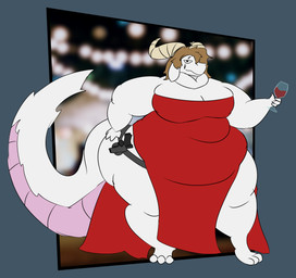 alcohol anthro beverage big_butt big_tail broken_horn brown_hair butt clothed clothing dress eye_scar facial_scar female floppy_ears fur gun hair half-closed_eyes horn looking_at_viewer mature_female narrowed_eyes obese obese_anthro obese_female overweight overweight_anthro overweight_female partially_clothed ranged_weapon red_clothing red_dress scar solo tail thick_thighs weapon white_body wide_hips wine mahoganywyvern mythology athena_(unknownaccount11) dragon furred_dragon furred_scalie mythological_creature mythological_scalie scalie 2026 absurd_res digital_media_(artwork) hi_res