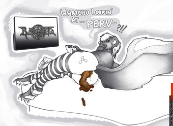 anthro big_tail claws clothing dialogue feces gaming hair hair_over_eye hazard_symbol legwear looking_at_viewer looking_back looking_back_at_viewer male pawpads paws pooping pooping_on_bed radiation_symbol rear_view shirt solo stockings symbol tail tank_top thigh_highs topwear smellyroob bayonetta platinumgames calypso_(stinky_fen) mammal mephitid skunk absurd_res hi_res sketch