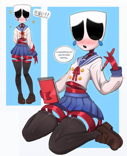 :o abstract_background alternate_costume asian_clothing big_eyes black_clothing black_eyes black_legwear black_thigh_highs blue_background blue_bottomwear blue_clothing blue_skirt blush blush_lines bodily_fluids bottomwear breasts button_(fastener) clothing earless east_asian_clothing empty_eyes female glistening glistening_body ink_pen japanese_clothing japanese_school_uniform kneeling legwear loafers long_sleeves looking_at_viewer mask midriff miniskirt noseless not_furry notebook open_mouth pen pleated_skirt red_body red_ribbon ribbons school_uniform serafuku shirt simple_background sitting skirt small_breasts solo sparkles speech_bubble standing talking_to_viewer teardrop tears text thigh_highs topwear uniform white_clothing white_face white_shirt white_topwear yellow_button rukisan glitch_productions the_amazing_digital_circus gangle_(tadc) animate_inanimate digital_creature humanoid living_mask 2026 absurd_res english_text full-length_portrait hi_res japanese_text multiple_images portrait shaded