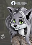 anthro black_nose clothing female green_eyes grey_hair hair jewelry necklace selfie shirt smile solo t-shirt topwear jeancito93jean canid canine canis mammal wolf absurd_res hi_res