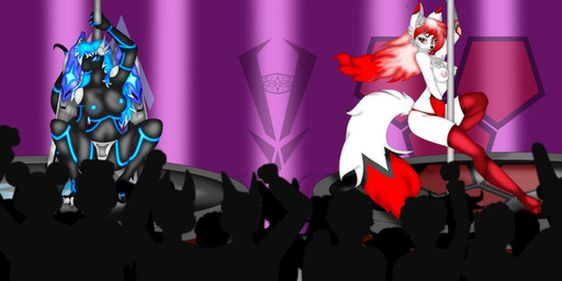 anthro areola big_breasts black_body black_fur black_nose black_skin blue_eyes blue_hair breasts chest_tuft claws clothing dancing duo female fluffy fluffy_tail fur glowing glowing_eyes glowing_markings glowing_nipples hair horn legwear long_hair looking_at_viewer machine markings multicolored_body multicolored_fur nipples nude open_mouth pink_hair pole pole_dancing red_hair smile standing stockings tail tuft underwear white_body white_fur wings horypl mythology axia_furdroid android canid canine dragon fox mammal mythological_creature mythological_scalie robot scalie 2018 digital_drawing_(artwork) digital_media_(artwork)