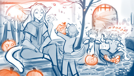 aged_down ambiguous_gender annoyed anthro armor autumn clothed clothing digitigrade eyes_closed eyewear female gate glare glasses grin group grumpy headgear helmet holding_object holidays jack-o'-lantern knife larger_female laugh male outside pauldron plant scarf size_difference smaller_ambiguous smaller_female smaller_male smile tail tail_motion tailwag tree young young_anthro conditional_dnp tom_fischbach halloween twokinds general_alabaster king_adelaide madelyn_adelaide natani zen_(twokinds) basitin canid canine canis keidran mammal wolf 2021 7:4 adobe_photoshop_(artwork) digital_media_(artwork) hi_res monochrome restricted_palette sketch