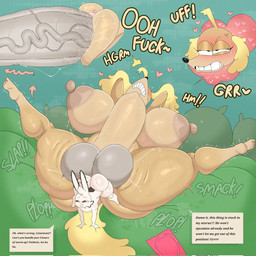 abdominal_bulge anthro balls big_balls big_breasts big_penis blonde_hair breasts brown_body butt condom_wrapper duo female genitals hair huge_balls huge_breasts huge_penis male male/female penetration penis text thick_thighs vaginal vaginal_penetration white_body lokbunny17 cuphead_(game) studio_mdhr lok_bunny sergeant_o'fera amoeba_(organism) aquatic canid canine canis domestic_dog lagomorph leporid mammal rabbit english_text hi_res