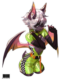 alternative_fashion anthro barcode bare_chest bracelet bulge clothing collar cross curvy_figure cyberpop ear_piercing femboy hair inner_ear_fluff inverted_cross j-fashion jewelry looking_at_viewer male nipples piercing solo streetwear techwear text tight_clothing tuft white_hair wings pita_potato bat mammal absurd_res artist_name hi_res signature
