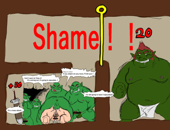 anal anus balls bottomwear butt censor_bar clothing exclamation_point genitals green_body group ineffective_censorship kemono loincloth male male/male moobs nipples overweight overweight_male penis sex text weapon sankara0290 human humanoid mammal orc 2021 censored english_text
