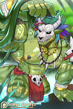 abs anthro areola armband_tattoo barazoku biceps big_muscles big_pecs bone bone_mask bone_necklace bottomwear claws clothed clothing feathers finger_claws forearm_muscles forest gold_tattoo green_body green_scales horned_skull huge_muscles huge_pecs huge_thighs jewelry loincloth loincloth_only male manly mask muscular muscular_anthro muscular_arms muscular_legs muscular_male muscular_thighs necklace nipples non-mammal_nipples partially_clothed partially_submerged pecs plant red_bottomwear red_clothing red_loincloth rock scales skull skull_mask skull_pauldron solo tattoo thick_arms thick_thighs topless tree water wet wet_body wet_scales yellow_tattoo sollyz terraria witch_doctor_(terraria) lihzahrd lizard reptile scalie 2:3