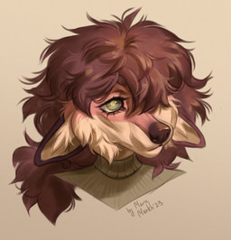 anthro bodily_fluids brown_hair brown_nose cheek_tuft clothed clothing crying ears_down facial_tuft female fur glistening glistening_eyes green_clothing green_eyes green_topwear hair inner_ear_fluff mouth_closed orange_body orange_fur pivoted_ears sad simple_background solo tan_background tan_body tan_fur tan_inner_ear_fluff tears topwear tuft marie_merkh canid canine mammal 2023 dated hi_res signature