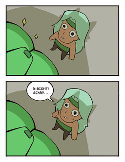 accessory ambiguous_gender anthro blush bodily_fluids bottomwear brown_bottomwear brown_clothing brown_pants clothing dialogue duo front_view green_clothing green_headband green_topwear hair headband high-angle_view looking_at_another male mouth_closed nervous nervous_sweat pants shadow small_comic smitten snout sparkles speech_bubble sweat sweatdrop sweaty_face talking_to_another teal_hair text topwear white_sclera bonnymama7 canid canine canis human mammal wolf 2026 absurd_res comic digital_drawing_(artwork) digital_media_(artwork) end_page english_text flat_colors hi_res female_(lore)