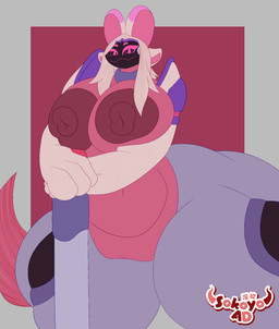anthro areola big_areola big_breasts breasts clothed clothing female looking_at_viewer machine nipples partially_clothed simple_background standing sokoyo_owo nintendo pokemon generation_9_pokemon hybrid pokemon_(species) protogen tinkaton hi_res