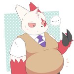 anthro belly big_belly biped blush bodily_fluids bottomwear claws clothed clothing male necktie simple_background solo sweat sweatdrop thick_thighs topwear vest jimmiezangoo nintendo pokemon generation_3_pokemon pokemon_(species) zangoose 1:1 2022 digital_media_(artwork) hi_res