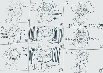 after_transformation alternate_species aroused blush blush_lines buckteeth cheek_tuft dialogue exclamation_point facial_tuft feral gem heart_symbol jewelry motion_lines necklace pearl_(gem) pearl_necklace question_mark spiral spiral_eyes star_eyes steam stomp_(sound_effect) surprised teeth text tuft waking_up unknown_artist bittersweet_candy_bowl daisy_(bcb) lagomorph mammal absurd_res comic english_text hi_res tagme