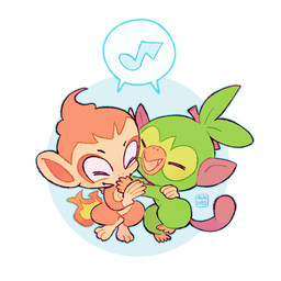 anthro chibi duo fur green_body green_fur hug orange_body orange_fur smile aukives nintendo pokemon chimchar generation_4_pokemon generation_8_pokemon grookey haplorhine mammal pokemon_(species) primate 1:1