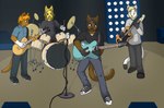 anthro band bass_guitar beard black_beard black_body black_clothing black_facial_hair black_footwear black_fur black_hair black_mustache black_nose black_shirt black_shoes black_topwear blonde_hair blue_clothing blue_shirt blue_topwear bottomwear brown_body brown_fur clothed clothing concert detailed_background drum drum_set drumming_stick electric_guitar electronics facial_hair footwear fur grey_clothing grey_shirt grey_topwear group guitar hair inside male male_anthro microphone musical_instrument mustache orange_hair pants percussion_instrument percussion_mallet pink_nose playing_drum playing_guitar playing_music plucked_string_instrument shirt snout string_instrument tail topwear white_body white_fur yellow_body yellow_fur sebdoggo domestic_cat felid feline felis mammal 2013 aliasing cel_shading digital_drawing_(artwork) digital_media_(artwork) microsoft_paint_(artwork) shaded