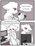 2018 3:4 anthro camera canid canine canis changed_(video_game) comic computer dr._k_(changed) electronics english_text fchicken fluffy fur male mammal monster red_eyes solo standing text thought_bubble white_body white_fur wolf