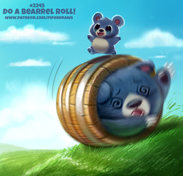 age_difference ambiguous_gender barrel black_eyes blue_body blue_fur claws cloud duo feral fur grass humor open_mouth outside pawpads plant pun size_difference sky spiral spiral_eyes visual_pun white_body white_fur young piper_thibodeau nintendo star_fox bear mammal digital_media_(artwork) digital_painting_(artwork) painting_(artwork)