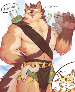 2_horns 5_fingers ambiguous_gender angry anthro arrow_(weapon) arrow_wound arrowed biceps big_muscles biped black_bottomwear black_claws black_clothing black_loincloth blowgun bodily_fluids bone bottomwear brown_body brown_eyebrows brown_fur brown_hair brown_markings chest_strap claws clothed clothing countershade_arms countershade_face countershade_fur countershade_legs countershade_neck countershade_tail countershade_torso countershading cross-popping_vein cutaway dialogue dipstick_ears directional_arrow dot_pupils duo ear_markings emanata expression_cutaway eyebrows facebook_logo facial_markings finger_claws fingerpads fingers front_view fur furrowed_eyebrows gesture green_bottomwear green_clothing green_loincloth hair hand_behind_back hand_behind_own_back hand_gesture head_horn head_markings horn huge_muscles instagram_logo loincloth loincloth_only looking_at_viewer looking_up male markings motion_lines mouth_closed multicolored_body multicolored_ears multicolored_fur muscular muscular_anthro muscular_male navel neck_tuft nervous nervous_sweat open_mouth orange_body orange_ear_tips pawpads pink_pawpads pointing pointing_at_object pointing_at_self question_mark quiver_(object) ranged_weapon simple_background skull snout solo_focus speech_bubble sweat sweatdrop sweaty_face tail tan_body tan_countershading tan_ears tan_inner_ear teeth text topless topless_anthro topless_male tuft twitter_logo waving_hand weapon white_background white_body white_sclera yellow_bottomwear yellow_clothing yellow_loincloth kuromonsart afk_arena afk_journey bluesky_(social_media) facebook instagram lilith_games twitter odie_(afk_journey) canid mammal 2024 absurd_res artist_name bust_portrait character_request colored dated digital_drawing_(artwork) digital_media_(artwork) english_text hi_res portrait three-quarter_portrait