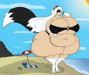 anthro ball beach beach_ball beach_towel beach_umbrella belly big_belly big_breasts bikini biped breasts building clothing cloud cooler copyright_symbol deep_navel female female_anthro fur hair huge_breasts huge_thighs inflatable macro macro_anthro macro_female navel obese obese_anthro obese_female overweight overweight_anthro overweight_female parasol seaside sky solo sun swimwear symbol tan_body tan_fur thick_thighs towel two-piece_swimsuit water white_body white_fur white_hair satsumalord midnight_(angel-of-life) canid canine fox mammal 2015 colored digital_media_(artwork)