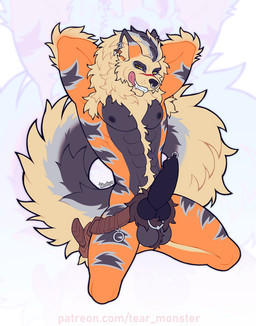 abs animal_genitalia animal_penis anthro armpit_hair balls big_tail black_nipples black_nose black_penis blonde_hair body_hair canine_genitalia canine_penis cheek_tuft chest_hair ear_piercing ear_ring facial_piercing facial_scar facial_tuft fangs fluffy fluffy_tail fur genital_piercing genitals grey_body grey_fur hair half-closed_eyes hands_behind_head inner_ear_fluff kneeling knot knotted_penis licking licking_lips licking_own_lips long_tail male muscular muscular_anthro muscular_male narrowed_eyes neck_tuft nipples nose_piercing nose_ring nude open_mouth orange_body orange_fur penis penis_piercing piercing presenting presenting_penis pubes ring_piercing scar simple_background solo tail teeth tongue tongue_out tuft yellow_eyes batya nintendo pokemon arcanine generation_1_pokemon pokemon_(species) 2025 colored digital_drawing_(artwork) digital_media_(artwork)