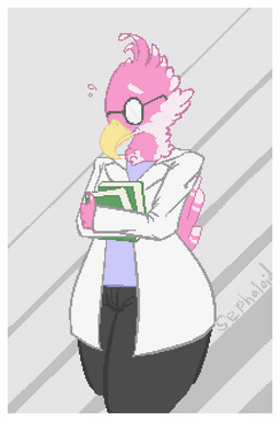 ambiguous_gender anthro beak book border clothing eyewear feathers femboy glasses pink_body pink_feathers solo thick_thighs white_border wide_hips sephaloid avian bird 2019 2:3 aliasing digital_media_(artwork)