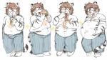 anthro base_one_layout basic_sequence belly belly_fondling belly_overhang beverage blush bottomwear burger clothed clothing drinking eating eyes_closed food four_frame_image four_frame_sequence hair holding_food holding_object hot_dog ketchup leucistic linear_sequence male milkshake navel obese obese_anthro obese_male one_row_layout overweight overweight_anthro overweight_male pants raised_clothing raised_shirt raised_topwear shirt simple_background soda solo standing t-shirt topwear weight_gain white_background vomits_(artist) felid mammal pantherine tiger 16:9 2014 sequence widescreen