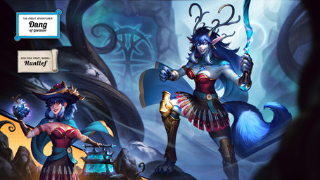 accessory antlers armband bangs belt belt_buckle blue_body blue_claws blue_fur blue_hair bottomwear breasts brown_bottomwear brown_clothing brown_skirt buckle cape chain claws cleavage clothed clothing crystal_necklace crystal_sword deer_antlers devil_fruit ear_piercing ear_ring evil_grin eyebrows female fingerless_gloves fluffy fluffy_tail food fruit fur gladiator glint gloves glowing_hat gold_(metal) gold_chain gold_trim gradient_hair green_belt green_cape green_clothing grin hair hair_accessory hair_between_eyes handwear hat headgear headwear high_ponytail holding_food holding_fruit holding_object horn jewelry leotard long_bangs long_hair medium_breasts medium_hair melee_weapon monster_girl_(genre) multicolored_hair multiple_angles orange_eyes piercing plant ponytail purple_background red_armband red_clothing red_leotard ring_piercing rock sharp_teeth simple_background skirt smile solo sun_symbol sword tail teeth text thick_eyebrows treasure treasure_chest warrior weapon johnny_azad old_school_runescape one_piece runescape dang canid canine human humanoid mammal absurd_res character_name full-length_portrait hi_res portrait