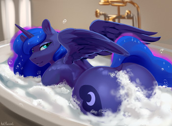 anthro bath bathtub big_butt blue_body blue_eyes blue_hair bubble bubble_bath butt convenient_censorship cutie_mark feathered_wings feathers female glistening glistening_body hair horn inside looking_back nude partially_submerged solo sparkles sparkling_hair water white_sclera wings kelkessel friendship_is_magic hasbro my_little_pony mythology princess_luna_(mlp) equid equine mammal mythological_creature mythological_equine winged_unicorn hi_res