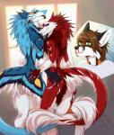 2017 absurd_res ambiguous_gender andy_(sergal4ik) anthro black_body black_fur black_nose blood blue_body blue_fur blue_hair bodily_fluids brown_hair canid canine duo egsaku_(character) fluffy fox fur green_eyes hair hand_on_butt hi_res inviting looking_at_viewer looking_back male mammal mane multi_hand multicolored_body multicolored_fur neck_tuft nosebleed orange_body orange_fur red_body red_eyes red_fur red_hair rengako_(egsaku) sergal simple_background smile standing tail tuft two_tone_body two_tone_fur viskasunya white_body white_fur white_hair window yellow_eyes