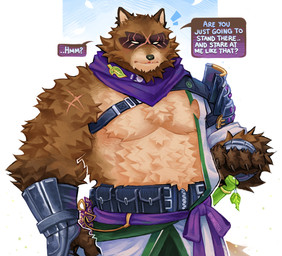 5_fingers anthro black_nose blind brown_body brown_fur claws clothed clothing disability eye_scar facial_scar fingers fluffy fluffy_chest fur humanoid_hands male pecs scar solo text fungiteh epic_games fortnite hajime_(fortnite) canid canine mammal raccoon_dog tanuki 2025 absurd_res english_text hi_res