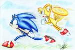 anthro blue_body blue_fur clothing duo flying footwear fur gloves handwear male multi_tail running shoes tail yellow_body yellow_fur shilumi sega sonic_the_hedgehog_(series) miles_prower sonic_the_hedgehog canid canine eulipotyphlan fox hedgehog mammal 2010 traditional_media_(artwork)