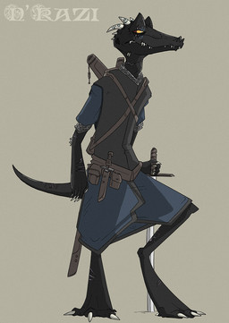 armor bag black_body black_scales claws clothing dagger horn male melee_weapon pupils scales simple_background slit_pupils solo sword weapon yellow_eyes keebles kobold scalie