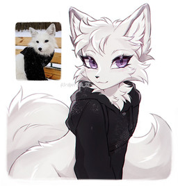 anthro black_clothing black_hoodie black_nose black_topwear cheek_tuft clothing cropped_hoodie eyelashes facial_tuft female fur grey_markings hoodie inner_ear_fluff looking_at_viewer markings purple_eyes simple_background smile solo tail topwear tuft white_background white_body white_fur 3rdperson_iz canid canine fox mammal colored digital_drawing_(artwork) digital_media_(artwork) hi_res reference_image shaded