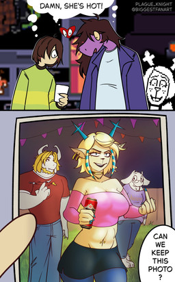 aged_down anthro antlers armwear barefoot beard big_breasts black_miniskirt blonde_beard blonde_facial_hair blonde_hair blue_antlers blue_clothing blue_eyes blue_legwear blue_nails blue_thigh_highs blush blush_lines bottomwear bra_strap breasts brown_hair clothing collar colored_nails crop_top decoration denim denim_bottomwear denim_clothing dialogue ear_piercing ear_ring eyelashes eyewear facial_hair feet female freckles gesture glasses goat_ears green_clothing green_sweater green_topwear hair hand_gesture holding_beer holding_photo horn jacket jeans jewelry key legwear light_body long_hair looking_at_another looking_at_object looking_at_photo male middle_finger multicolored_hair muscular muscular_male nails navel navel_piercing necklace open_mouth pants party piercing pink_armwear pink_clothing pink_crop_top pink_shirt pink_topwear purple_body purple_clothing purple_jacket purple_sweater purple_topwear red_clothing red_shirt red_topwear ring_piercing shirt short_hair smile sweater text text_on_clothing thigh_highs thinking topwear white_body plagueknightbfa deltarune undertale_(series) asgore_dreemurr carol_holiday kris_dreemurr noelle_holiday susie_(deltarune) toriel_(deltarune) boss_monster_(undertale) bovid caprine deer dinosaur goat human mammal new_world_deer prehistoric_species reptile scalie soul_(undertale) absurd_res artist_name english_text hi_res mother_(lore) nonbinary_(lore) parent_(lore)