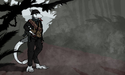 ammo_belt ammunition anthro armor barefoot bottomwear clothing ears_up feet forest gun hair headgear helmet jungle long_tail long_tail_feathers looking_at_viewer male military pants plant ranged_weapon red_hair rifle scarf shirt smile smiling_at_viewer soldier solo tail topwear tree warrior weapon wearing_helmet mawkvlt sergal 5:3 hi_res