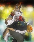 anthro belly beverage clothed clothing crossbones drinking drinking_straw eyebrows fur holding_beverage holding_object kerchief male neckerchief neckwear outside overweight overweight_anthro overweight_male paper_bag raised_eyebrow solo tan_body tan_fur walking white_body white_fur aokamidu wcdonald's canid canine canis coyote mammal