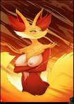2018 absurd_res anthro blush breasts canid canine catcouch crossed_arms delphox female fire fluffy fluffy_tail fur generation_6_pokemon hi_res looking_away mammal navel nintendo nipples nude orange_eyes pokemon pokemon_(species) red_body red_fur solo tail white_body white_fur yellow_body yellow_fur